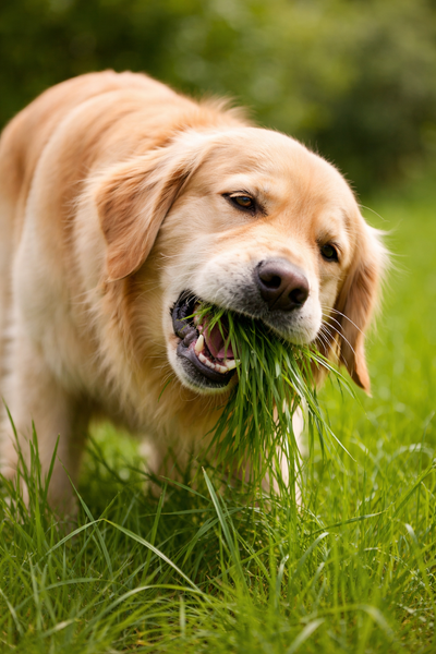 Cane che mangia l'erba