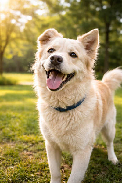 Cane felice nel parco che sorride al tramonto