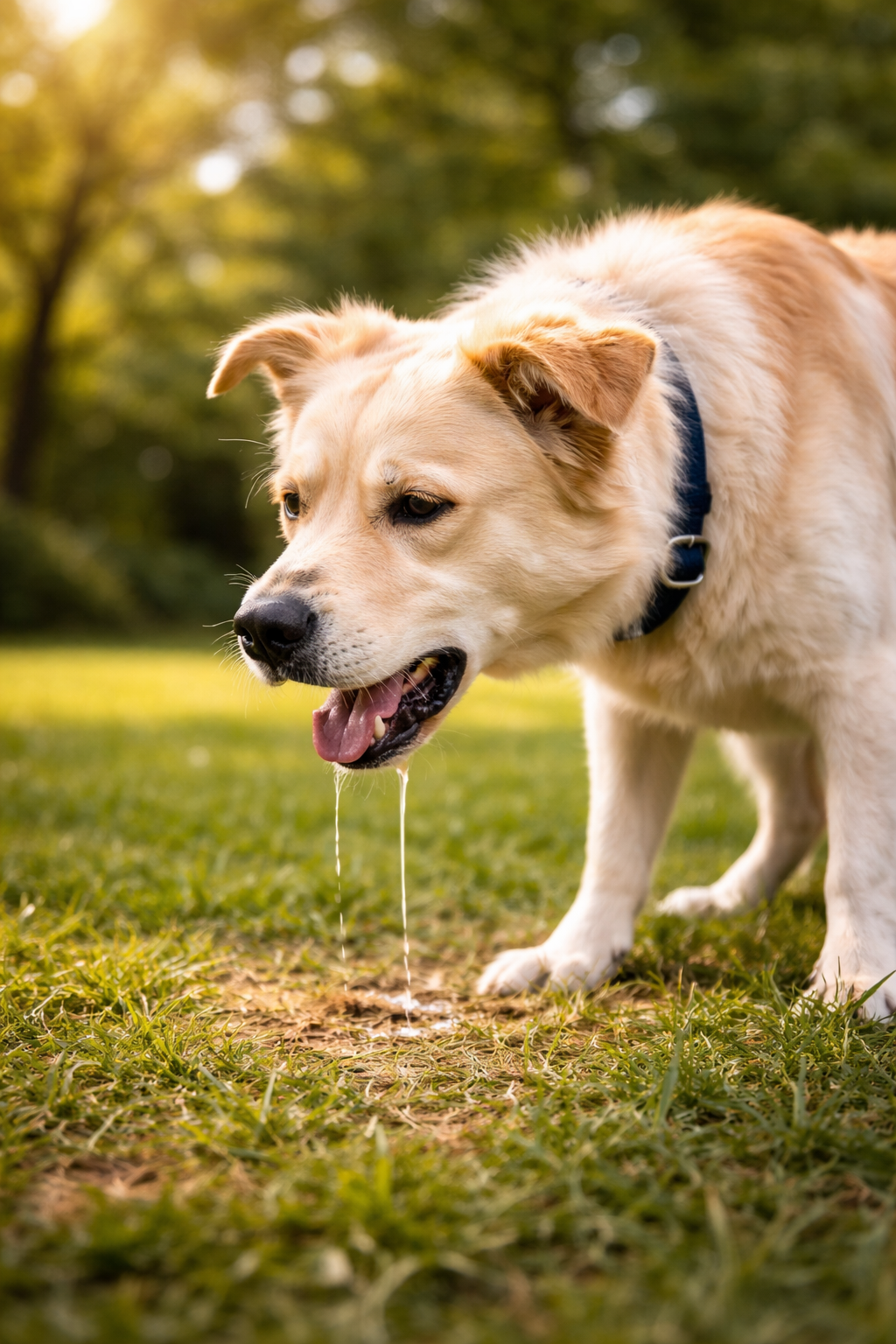 cane che sta per vomitare in un parco verde 