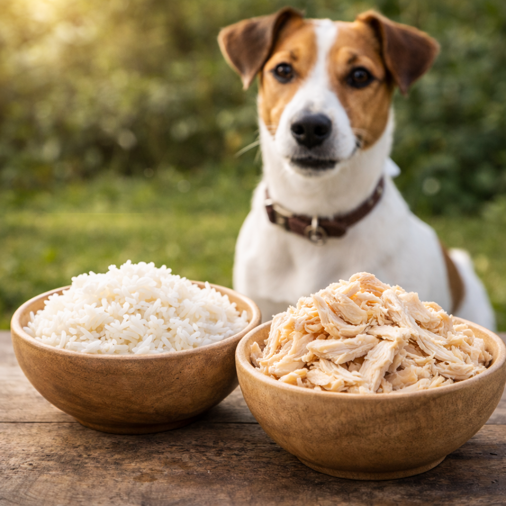 Cane che guarda una ciotola di riso e di pollo 