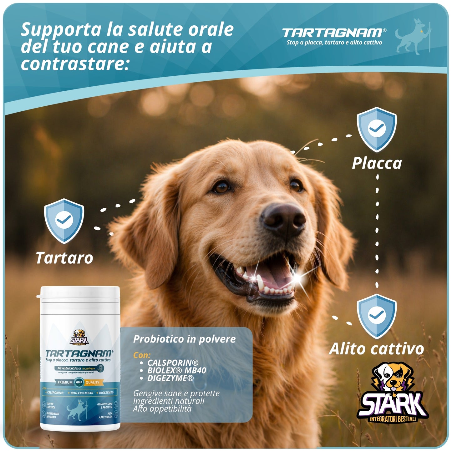 Tartagnam - Sciogli Tartaro Denti Cane 180g Polvere Dentale per Cani Supporto Alito Cane Protezione Denti Gengive per Placca e Tartaro con Ingredienti Naturali Mangime Complementare Alta Appetibilità Igiene Orale