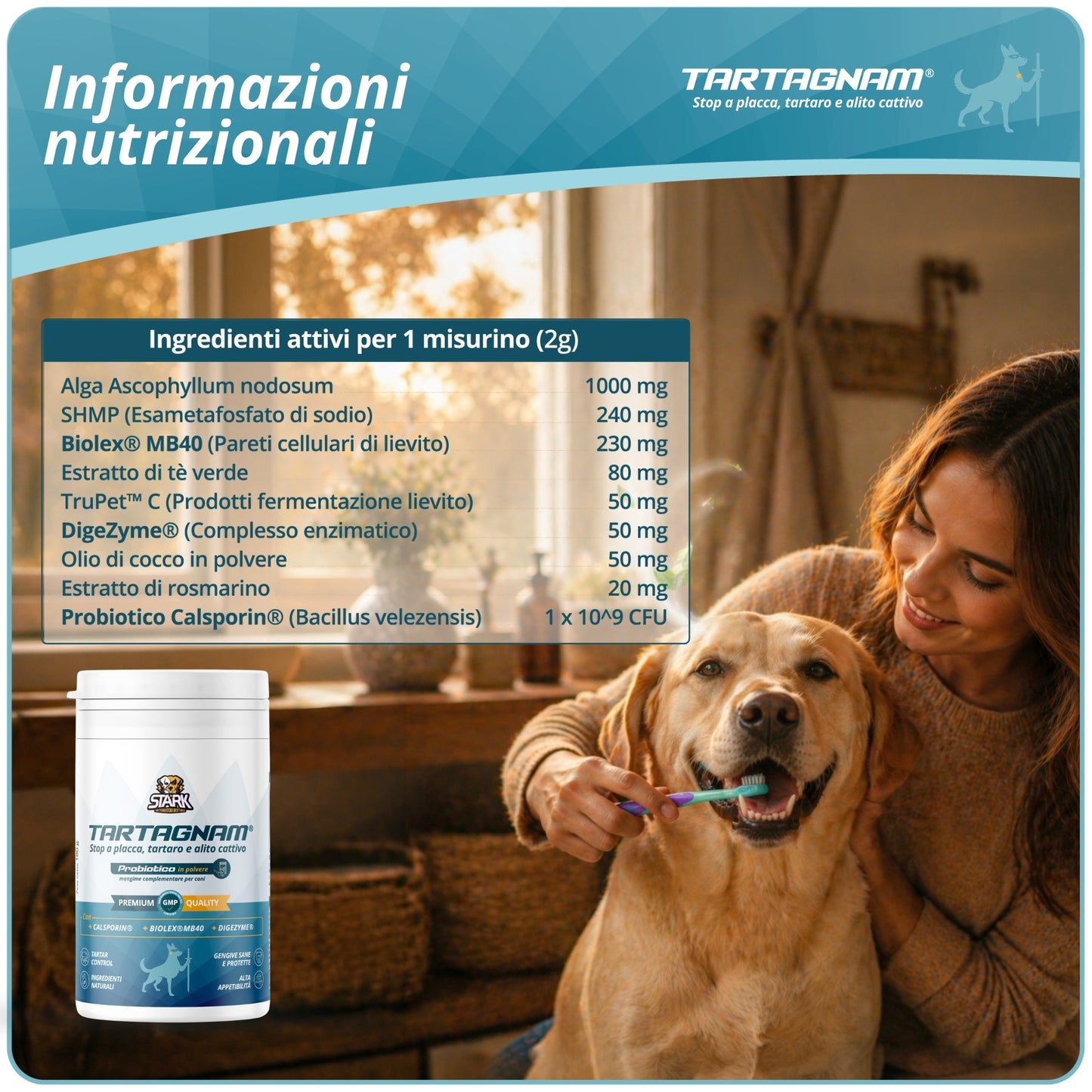 Tartagnam - Sciogli Tartaro Denti Cane 180g Polvere Dentale per Cani Supporto Alito Cane Protezione Denti Gengive per Placca e Tartaro con Ingredienti Naturali Mangime Complementare Alta Appetibilità Igiene Orale